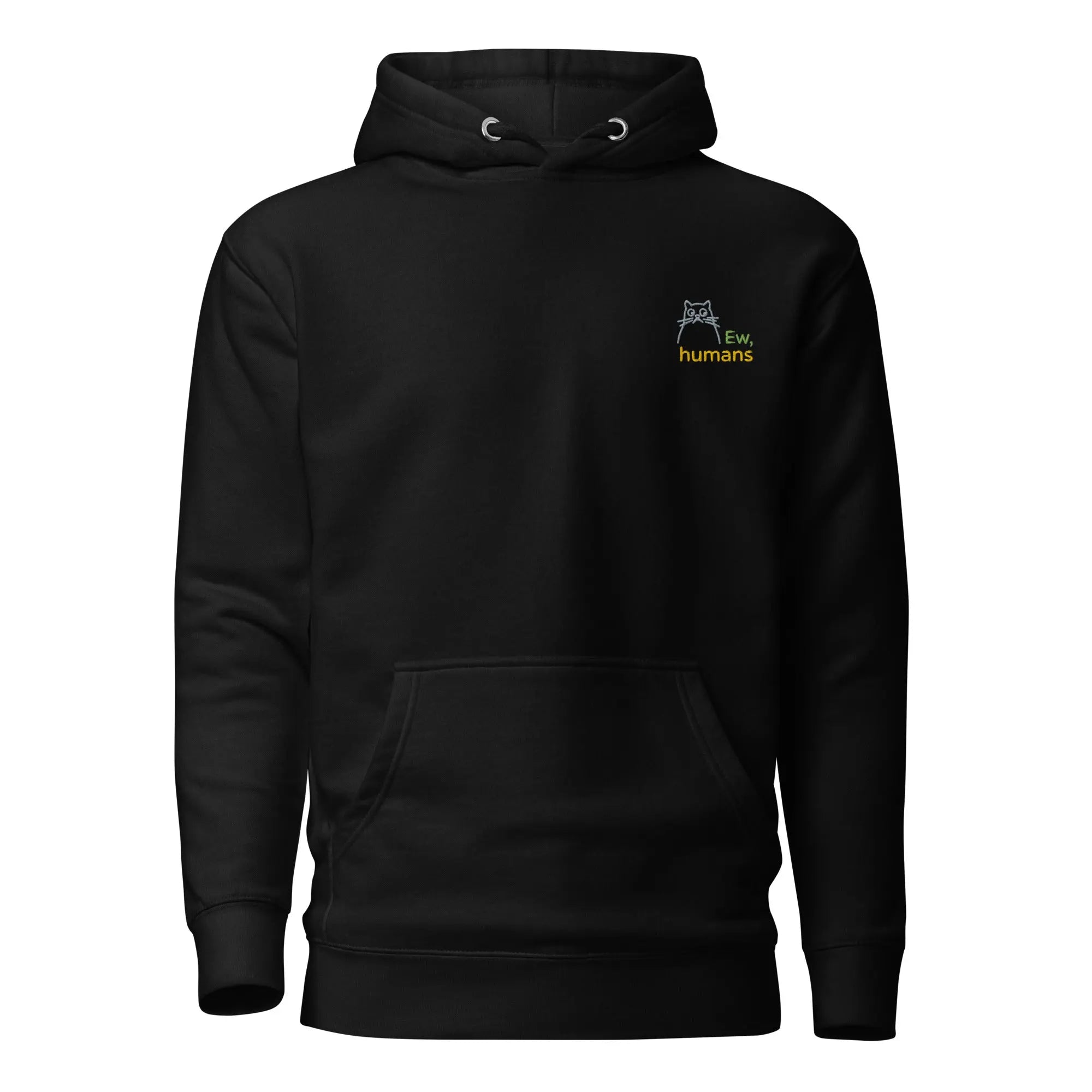 Schwarzer Unisex Hoodie mit dezentem Logo auf der Brust – bequemer Kapuzenpullover für Damen und Herren.